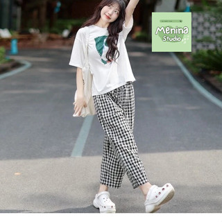 Đồ bộ mặc nhà nữ quần caro MENINA_STUDIO - Đồ bộ quần đũi form baggy, quần caro áo cotton 100% in hình hàn quốc