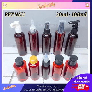 Chai Lọ Chiết Mỹ Phẩm Nâu 30Ml 50Ml 100Ml Giá Rẻ 🍀Vỏ Nhựa Pet Triết Mĩ Phẩm Dạng Vòi Nhấn Xịt Nhỏ Giọt Nắp Bật Nhọn Nhôm