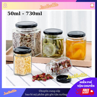 Hũ Thủy Tinh Lục Giác Nắp Thiếc Màu Vàng Đen 100Ml 200Ml 280Ml 380Ml 500Ml 730Ml Bảo Quản Thực Phẩm Gia Vị Lớn Nhỏ