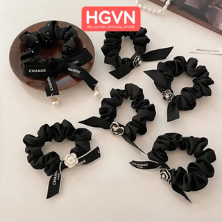 Dây Chun Thun Buộc Tóc Đeo Tay Vải Scrunchies Tone Đen Mate Sang Trọng HGVN Kết Hợp Phụ Kiện Hợp Kim Và Tua Rua Cao Cấp