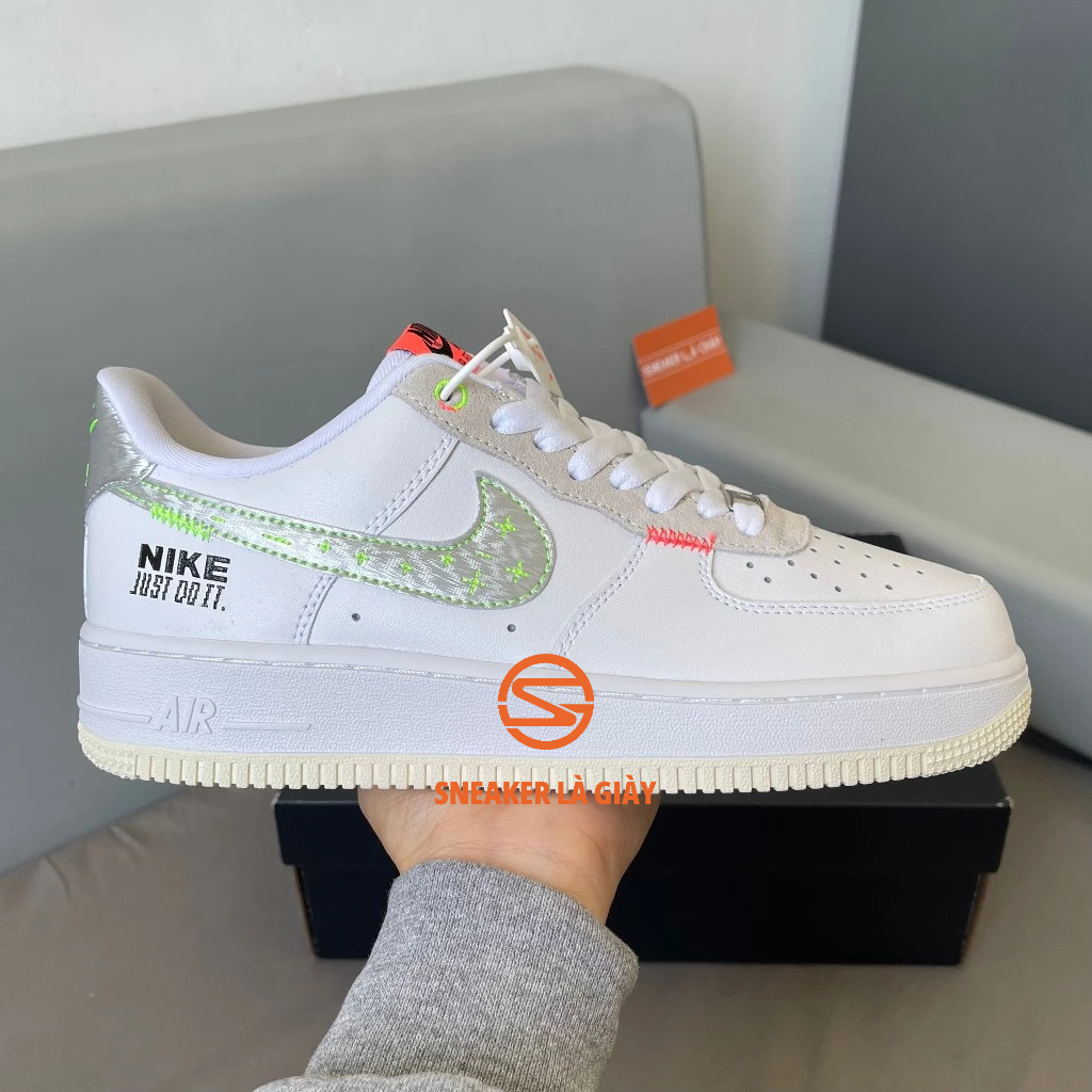 Giày Air Force 1 Low Just Do It White Pink Neon AF1 Just Stitch It FB1853-111 - Bản Cao Cấp Fullbox