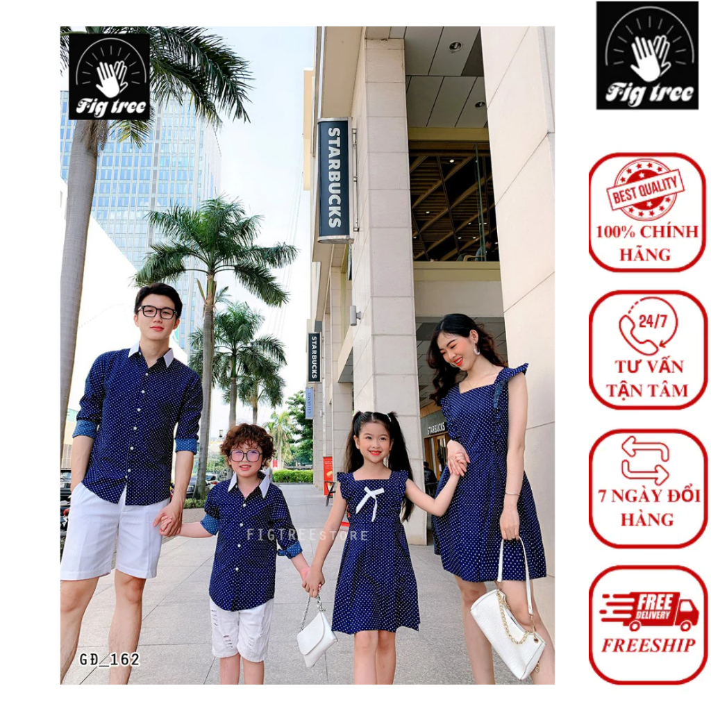 Set Sơ Mi Váy Gia Đình Fig Tree Chấm Bi Nền Xanh Đen Mã 162 Kèm Feedback Siêu Xinh