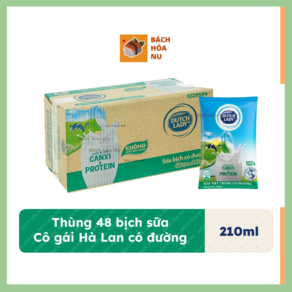 Thùng 48 bịch sữa uống Dutch Lady Cô Gái Hà Lan Có Đường 210ml/bịch