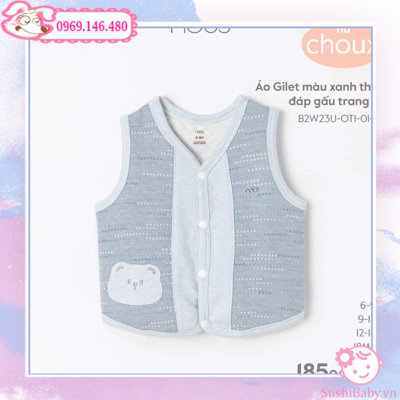 Áo Gilet màu xanh thêu đáp gấu trang trí