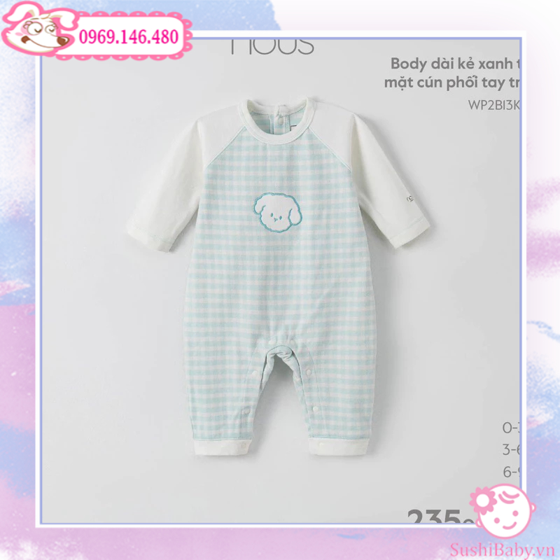 Body dài kẻ phối tay trắng thêu hình Nous