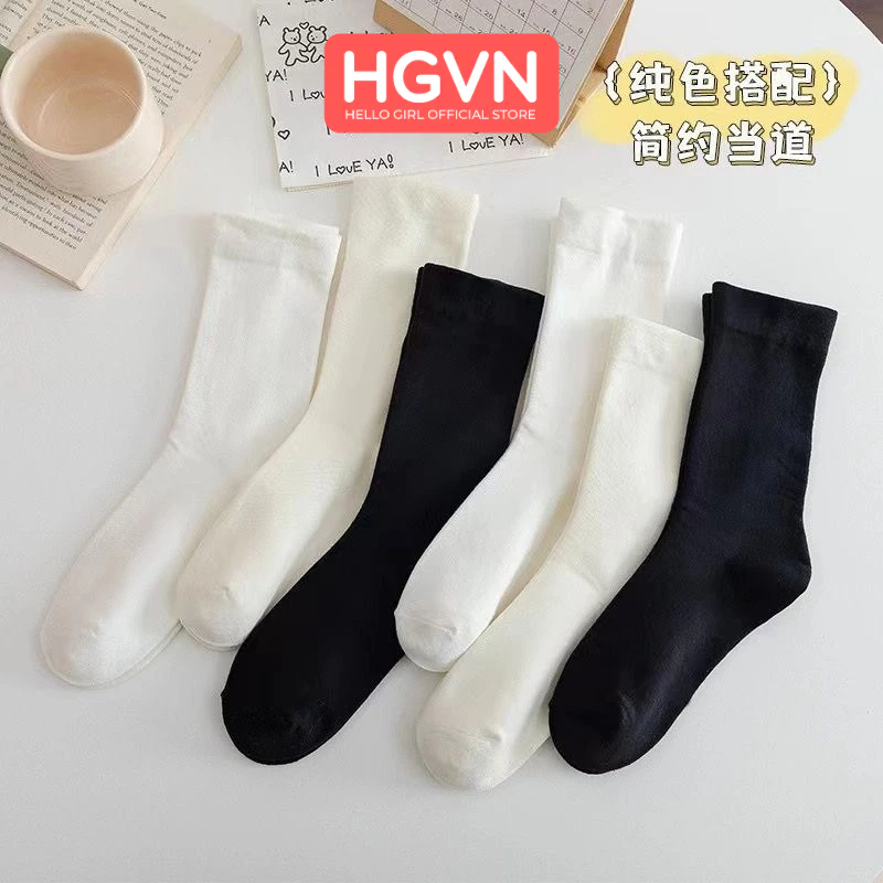 Tất Cổ Ống Vừa 4 Mùa Phong Cách Nhật Bản Hàn Quốc HGVN Màu Trơn Vớ Miệng Rộng Cotton Nguyên Chất Có Giãn 4 Chiều Cho Nữ