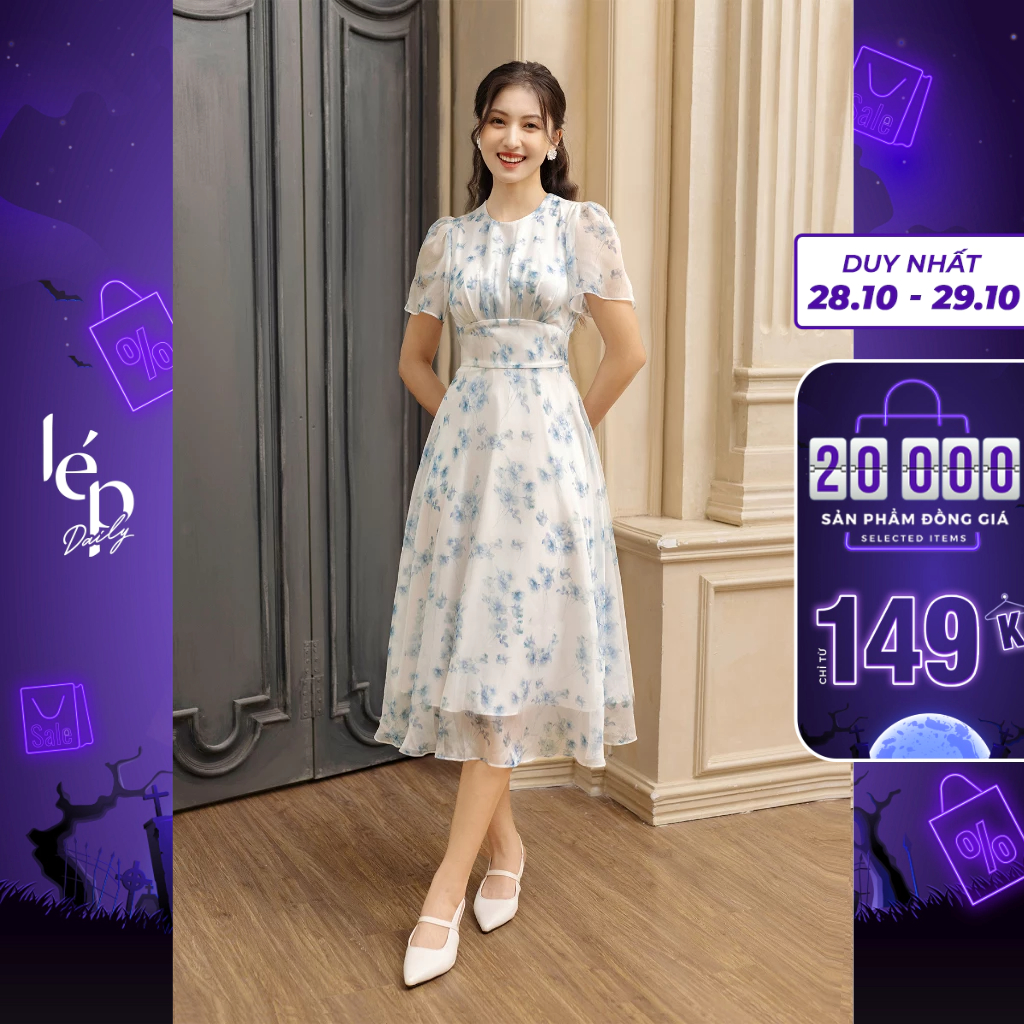 Váy hoa xanh tiểu thư cổ tròn kiểu dáng mini tùng xòe Lep' DS03V102470T1