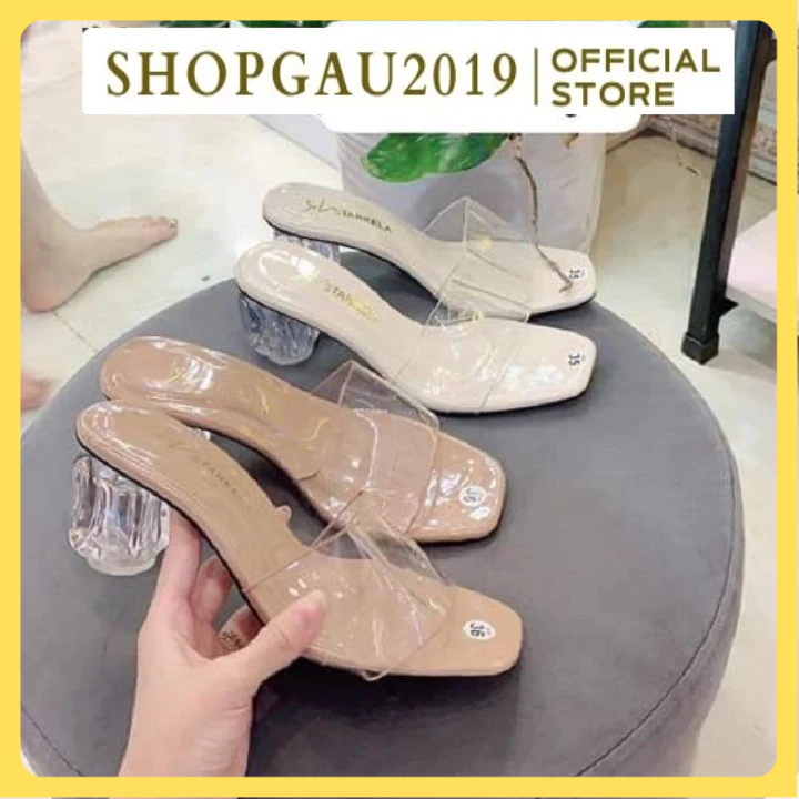 Dép cao gót 5p quai trong , guốc cao gót đế trụ gót pha lê sang chảnh 009