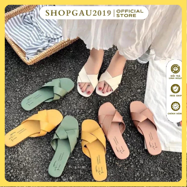 Dép nữ quai ngang chéo da bóng , dép đi biển đi chơi dễ đi đẹp xinh