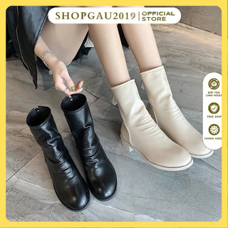 FREE SHIP Bốt nữ , boot nhăn cổ lửng sang chảnh