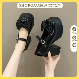  Giày búp bê mũi tròn đế dày gót 9p  giày lolita đính nơ da bóng phong cách hàn quốc cực đẹp và êm chân 