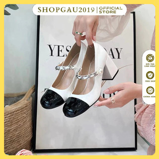  Free ship Giày cao gót 7p gót vuông da bóng quai xích đính hạt ngọc cực đep kèm clip 