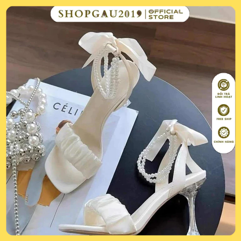 Giày cao gót 9 phân đế nhọn thắt nơ lụa kèm vóng ngọc cực xinh , cao gót dây ngọc 9p