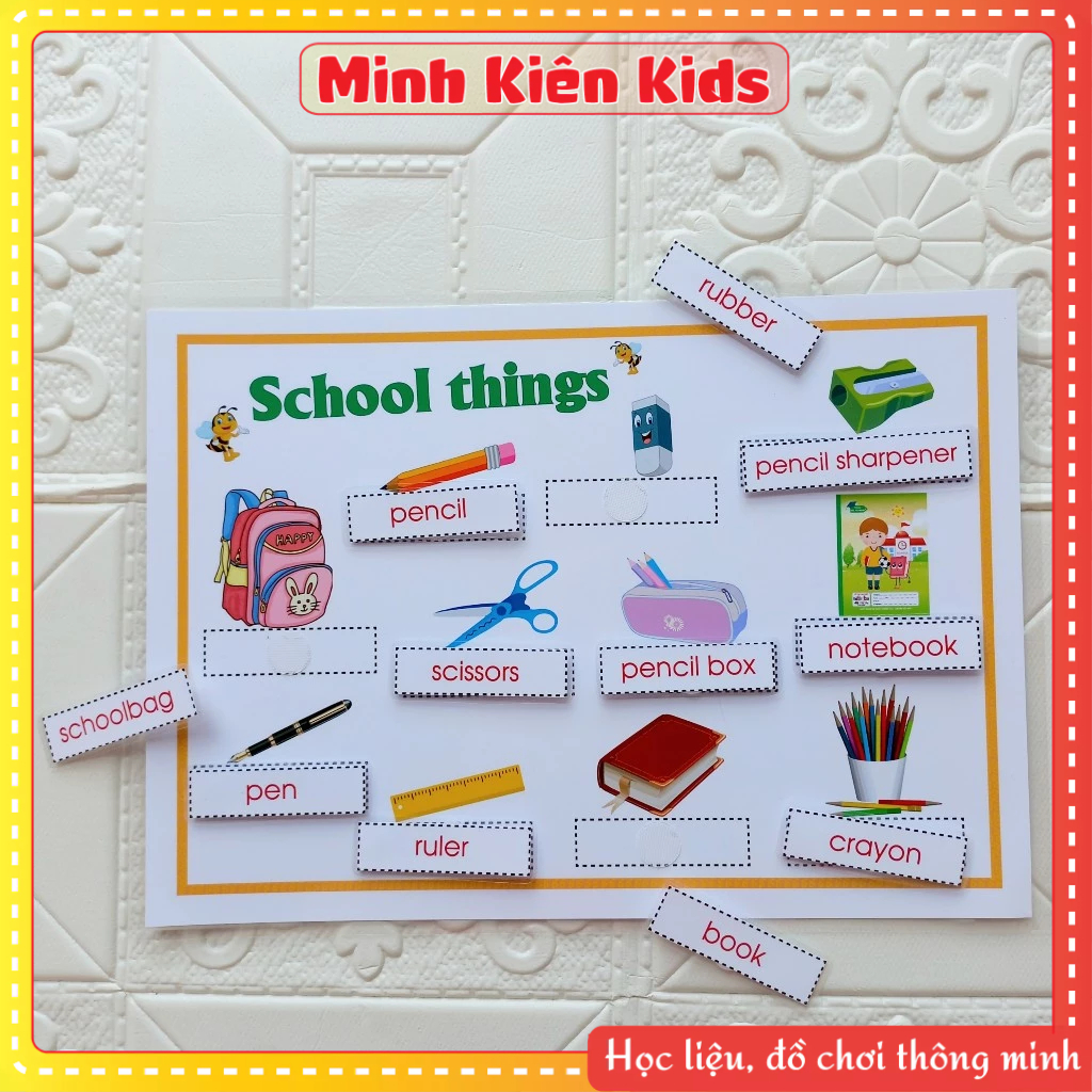 Học liệu School things - Học liệu bóc dán Montessori tiếng anh cho bé- Giáo cụ tiếng anh