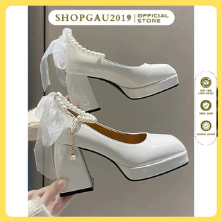 Giày cao gót 9p bít mũi gót vuông đế cao thời trang loại 1 cao cấp sang chảnh ,giày cao gót lolita thắt nơ xích ngọc hot