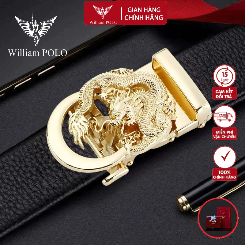 Thắt Lưng Mặt Rồng Vàng Nam Da Bò Thật 100% Cao Cấp Hàng Hiệu WilliamPOLO, Dây Nịt Nam Cao Cấp WP794