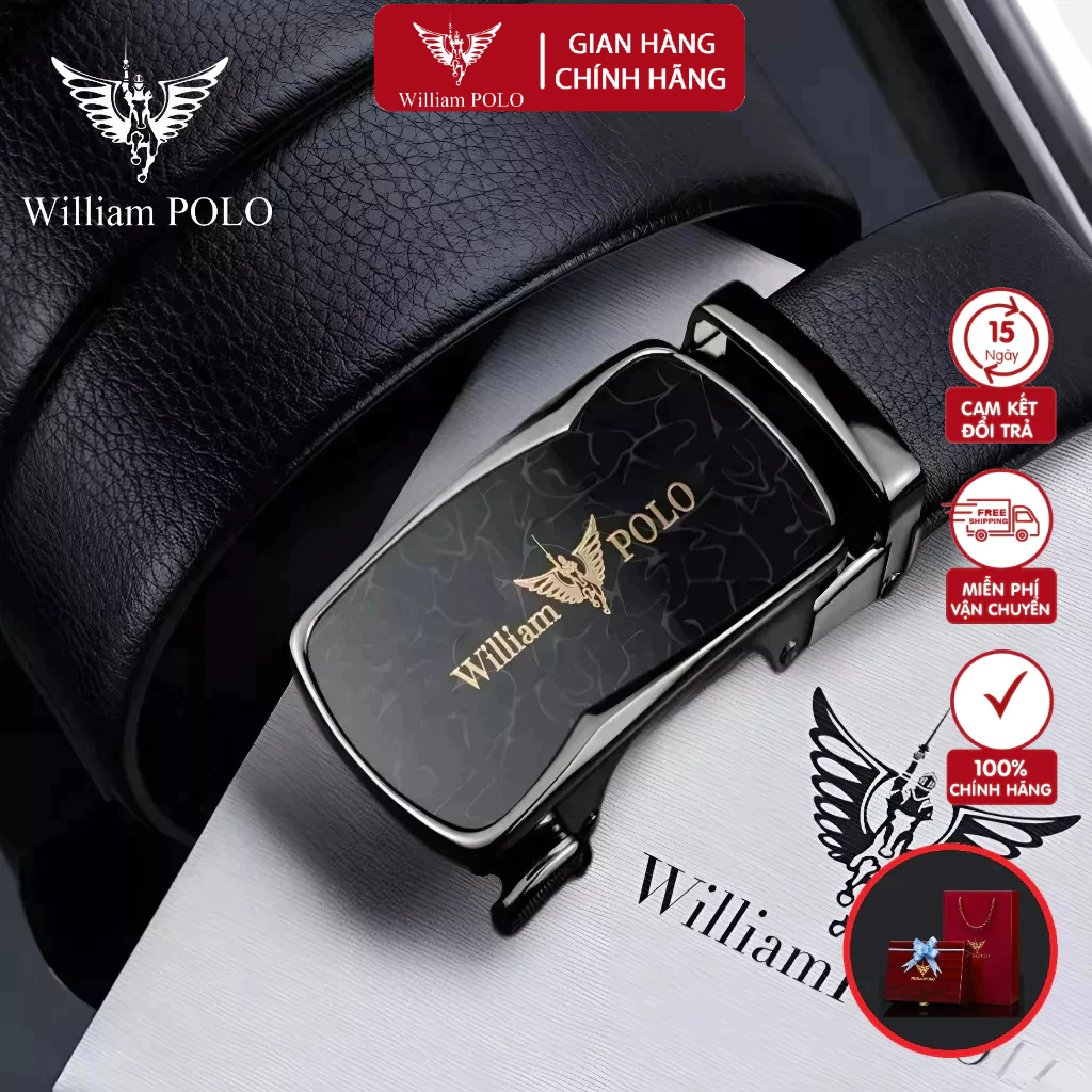 Thắt Lưng Nam Da Bò Thật 100% Cao Cấp Hàng Hiệu WilliamPOLO, Dây Nịt Nam Cao Cấp WP7915 Hộp Gỗ Làm Quà Tặng, Quà Biếu