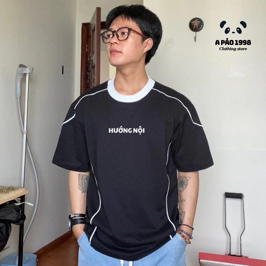 Áo Thun Viền Thân In Chữ HƯỚNG NỘI Form Rộng Màu  Basic Unisex Nam Nữ Cotton 100%, Áo Thun Viền Line Đứng Form ThoángMát