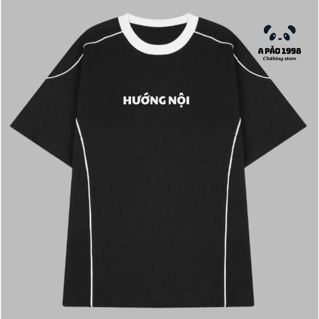 Áo Thun Viền Thân In Chữ HƯỚNG NỘI Form Rộng Màu  Basic Unisex Nam Nữ Cotton 100%, Áo Thun Viền Line Đứng Form ThoángMát