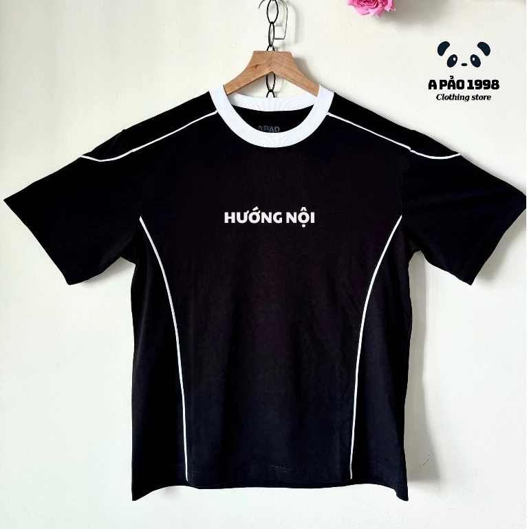 Áo Thun Viền Thân In Chữ HƯỚNG NỘI Form Rộng Màu  Basic Unisex Nam Nữ Cotton 100%, Áo Thun Viền Line Đứng Form ThoángMát
