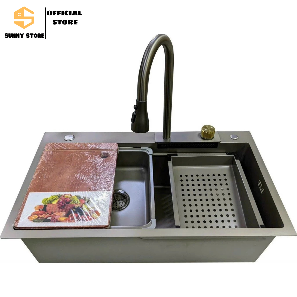 Chậu Rửa Bát 1 Hố INOX 304 Cao Cấp Phủ Nano, Bồn Rửa Chén 1 Ngăn Lớn KT 75x45 Kèm Vòi Thác Nước 3 Chế Độ