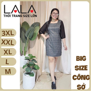 Bigsize công sở - Đầm Cổ Vuông Tay Von - Xám Caro