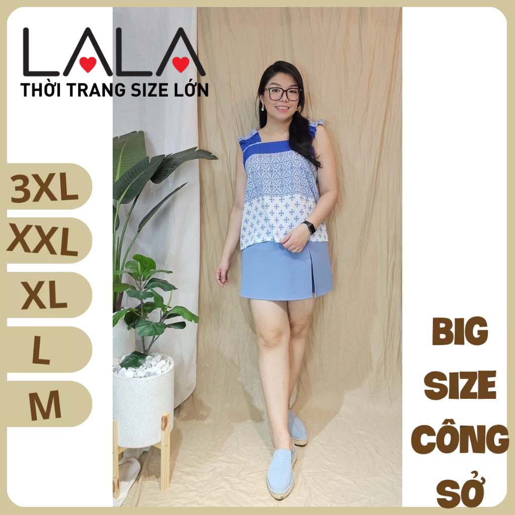 Bigsize công sở - Áo Sát Nách Nhún Vai - Xanh Hoa Trắng