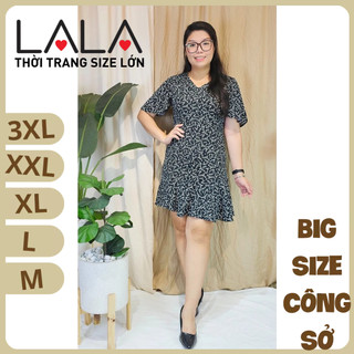 Bigsize công sở - Đầm Cổ Tim Bèo Dợn - Đen Hoa Trắng