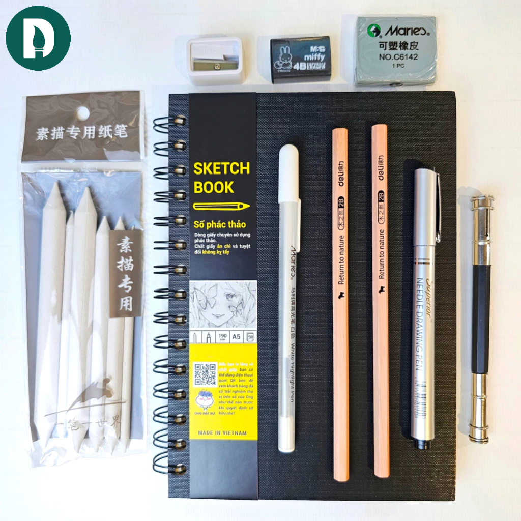 Combo Vẽ Phác Thảo, Sổ A4/A5 Không Kị Tẩy Ong Mặt Bự, phiên bản BLACK, Chuyên Vẽ Chì, 190/172GSM - Hoạ Cụ DUTi