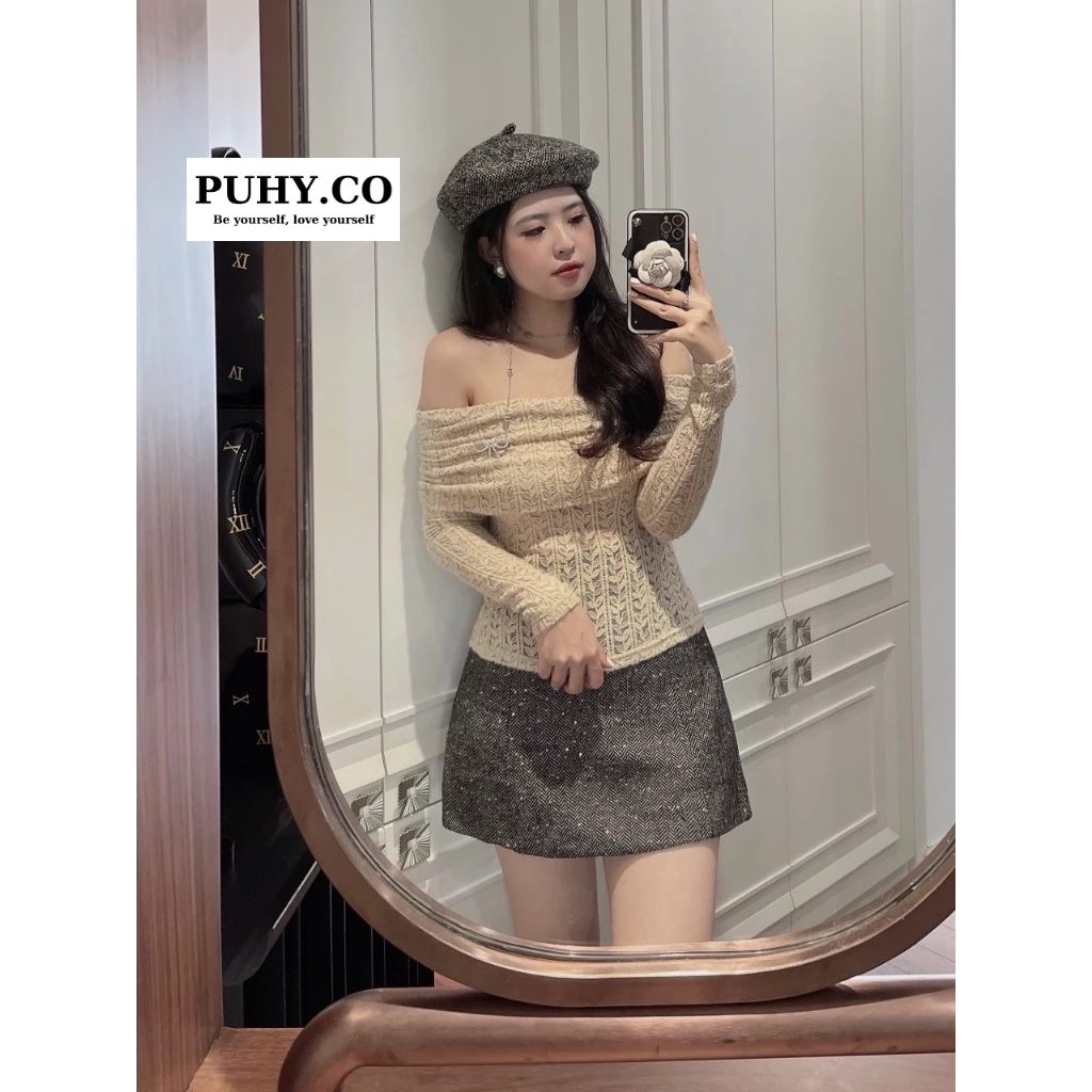 Set áo ren trễ vai mix chân váy lấp lánh - ảnh thật
