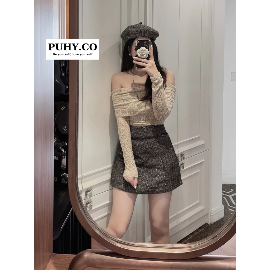 Set áo ren trễ vai mix chân váy lấp lánh - ảnh thật