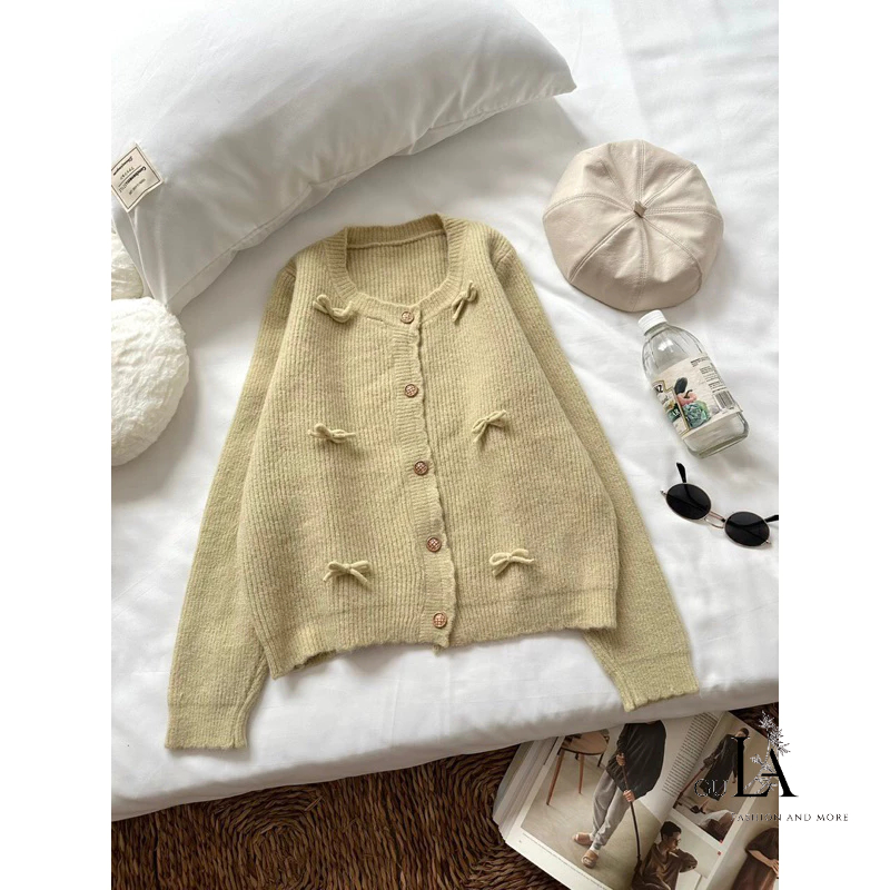 Áo cardigan len nữ đính nơ phong cách Retro tinh tế tiểu thư hàng QCCC loại 1 Gula