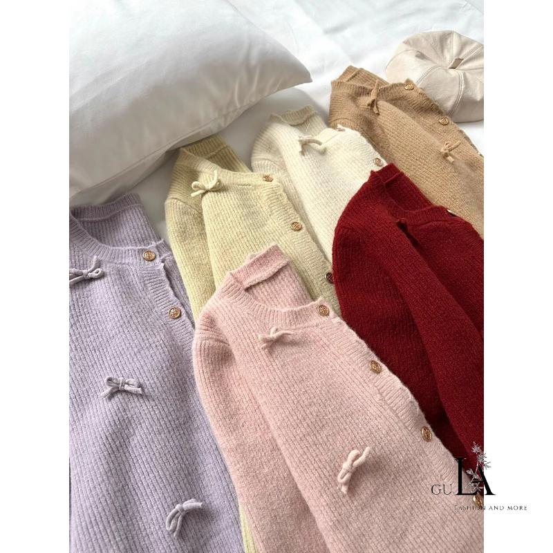 Áo cardigan len nữ đính nơ phong cách Retro tinh tế tiểu thư hàng QCCC loại 1 Gula