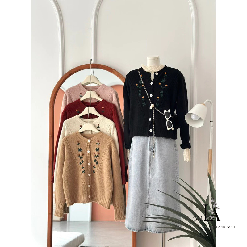 Áo cardigan len thêu hoa nhí phong cách Retro tinh tế chất len mịn dày nặng tay hàng QCCC loại 1 Gula