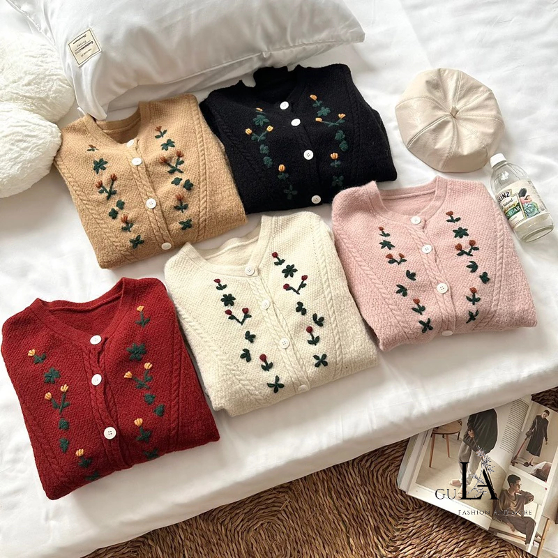 Áo cardigan len thêu hoa nhí phong cách Retro tinh tế chất len mịn dày nặng tay hàng QCCC loại 1 Gula