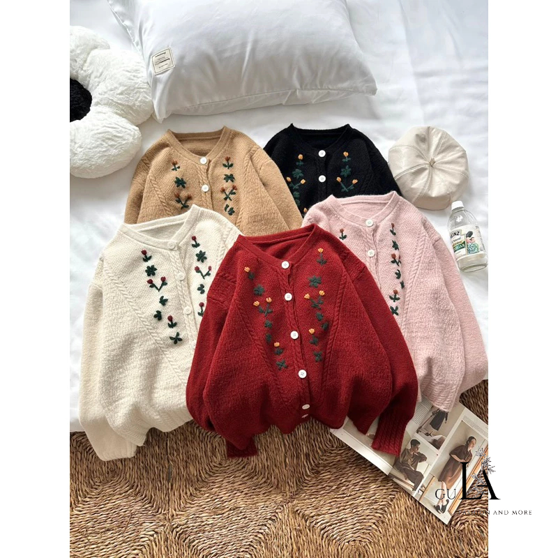 Áo cardigan len thêu hoa nhí phong cách Retro tinh tế chất len mịn dày nặng tay hàng QCCC loại 1 Gula