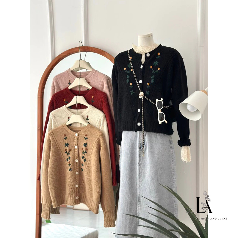 Áo cardigan len thêu hoa nhí phong cách Retro tinh tế chất len mịn dày nặng tay hàng QCCC loại 1 Gula