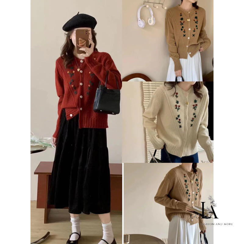Áo cardigan len thêu hoa nhí phong cách Retro tinh tế chất len mịn dày nặng tay hàng QCCC loại 1 Gula