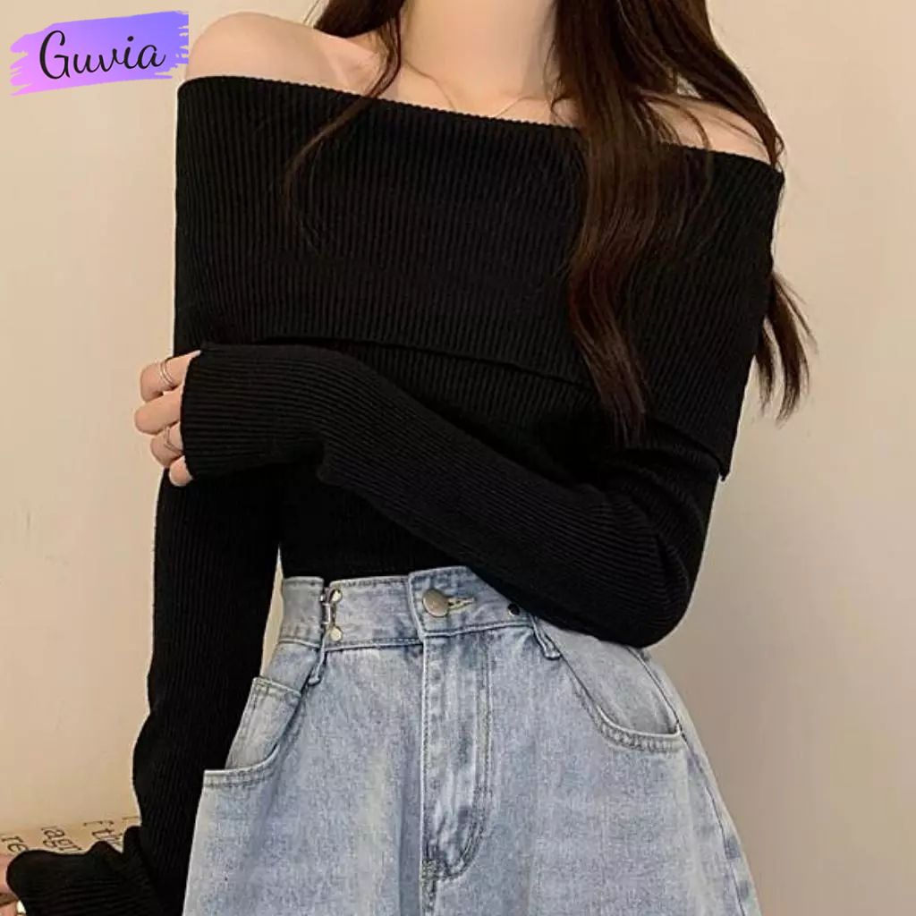 Áo Croptop Nữ Tay Dài Trễ Vai Thun Gân Ôm Body, Áo Thun Croptop Kiểu Bẹt Vai Sexy - GUVIA