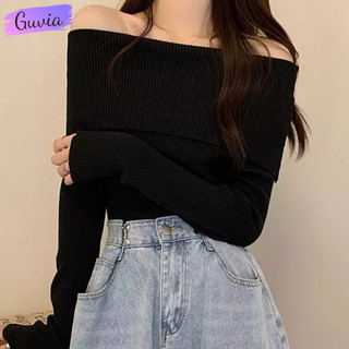 Áo croptop nữ tay dài trễ vai thun gân ôm body, áo thun croptop kiểu bẹt vai sexy guvia cr189
