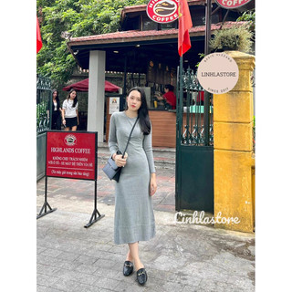 Váy len gân dài tay thu đông ôm body thân váy xoè nhẹ ( ảnh thật)