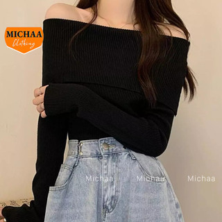 Áo croptop tay dài bẹt vai thun gân ôm body, áo thun croptop kiểu trễ vai sexy michaa cr189