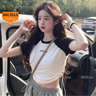 Áo croptop thêu lettering tay ngắn ôm body, áo thun croptop cổ tròn dây rút chất borip michaa cr190