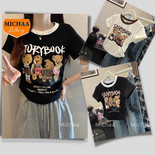 Áo Croptop STORYBOOK Tay Ngắn Ôm Body, Áo Thun Croptop Cổ Tròn Nhún Eo Kiểu In Chất Borip MICHAA CR188