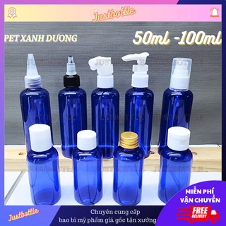 Lọ Chiết Mỹ Phẩm Xanh Dương 50Ml 100Ml Có Vòi🍀Vỏ Chai Nhựa Pet Nhỏ Dạng Nhấn Xịt Giọt Phun Sương Nắp Bật Nhọn Nhôm