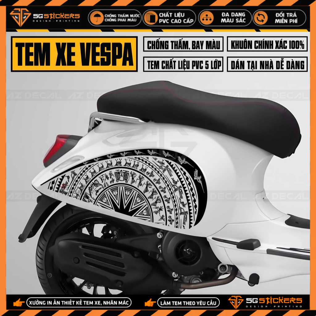 Tem Xe Vespa Sprint/Primavera Mẫu Trống Đồng | VPSP31 | Decal Dán Xe Vespa Đẹp, Cắt Khuôn Sẵn Dễ Dán