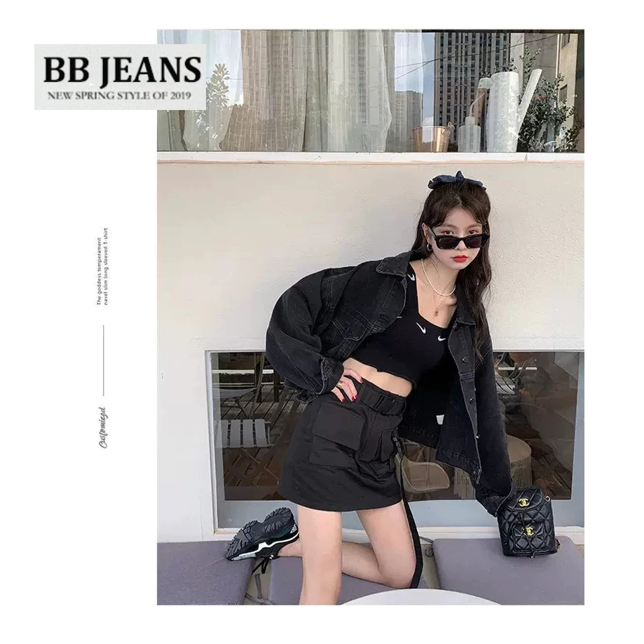 Áo khoác jean nữ đen -áo khoác ngoài xanh jean form lững croptop dài áo 47-48cm có Onesize 39-58kg BB Jeans 019
