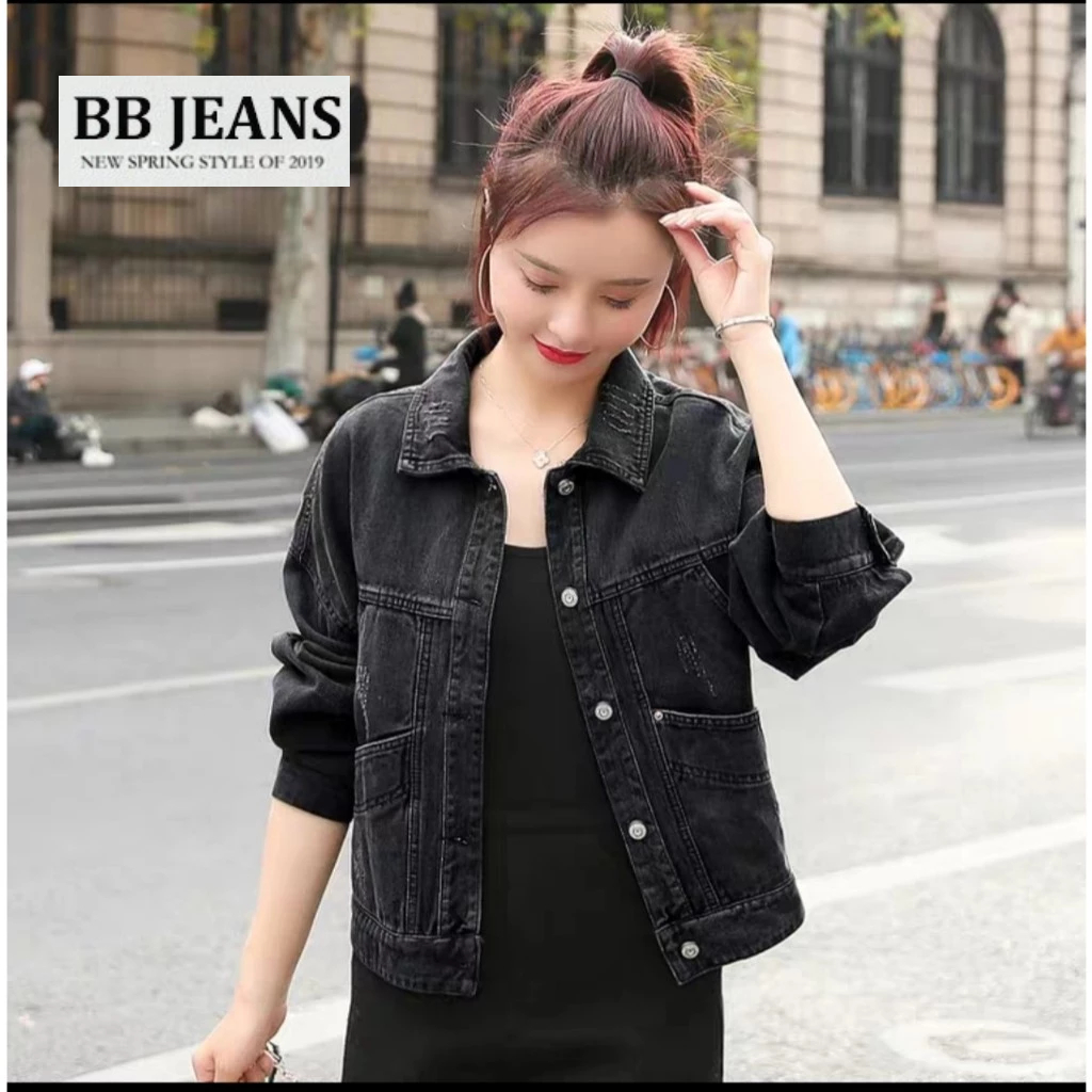 Áo khoác jean nữ đen -áo khoác ngoài xanh jean form lững croptop dài áo 47-48cm có Onesize 39-58kg BB Jeans 019