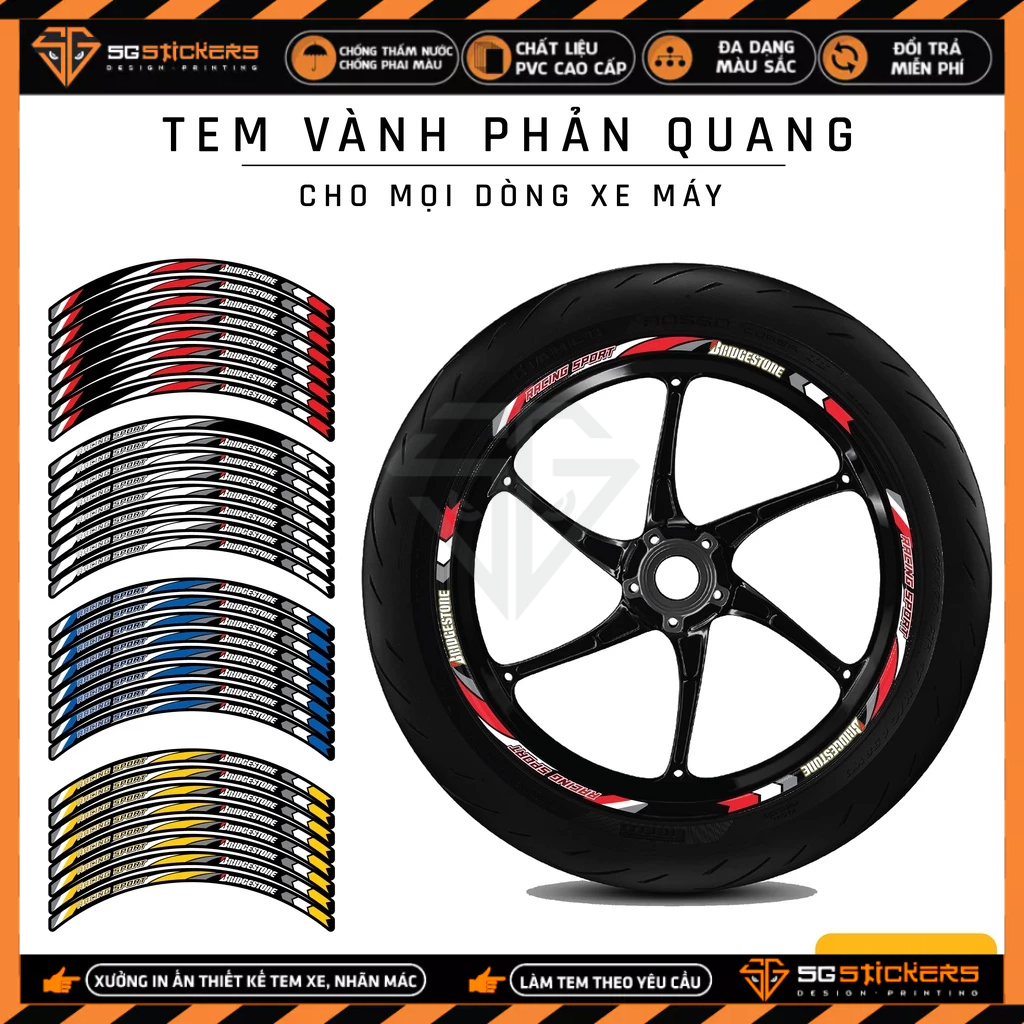 Tem Vành Mâm BRIDGESTONE - TV03 - Màu Đỏ Phản Quang | Dán Xe Máy, Xe Điện, Xe Thể Thao...Chống Thấm Nước, Chống Bay Màu