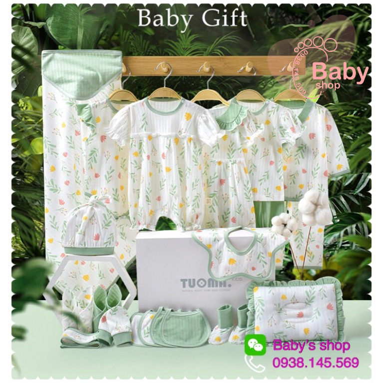 Hộp hoặc giỏ quà dễ thương dành tặng bé sơ sinh phụ kiện như hình bao gồm 12-24 chi tiết.